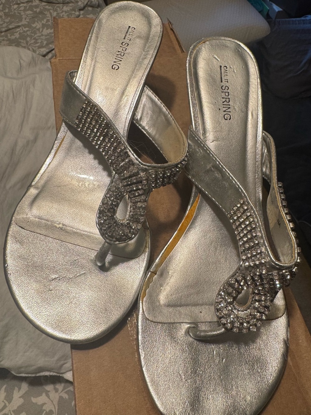 Call It Spring Silver Rhinestone T-Strap Sandals